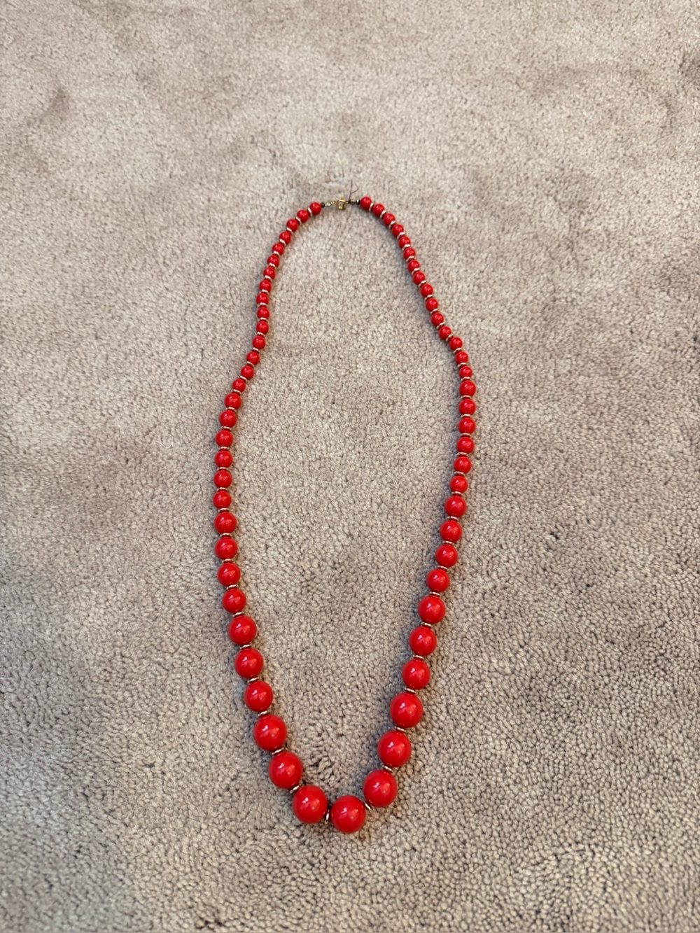 Vintage Style Red Graduated Bead Necklace 30” Gold Tone Spacers